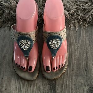 Denim blue and tans canvas bling sandals